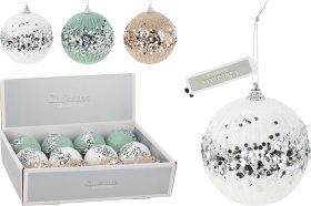 Eglutės žaisliukas, 3 skirtingos sp., su sidabro blizgučiais šonuose, skersmuo 10 cm