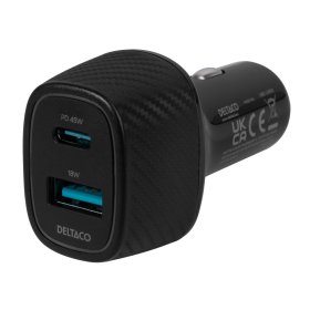 Automobilinis įkroviklis DELTACO USBC-CAR123, 1x USB-A 18 W, 1x USB-C 45 W, juodos sp.