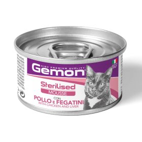 Konservuotas kačių ėdalas GEMON ,su vištiena ir kepenėlėmis, skirtas suaugusioms sterilizuotoms katėms, 85 g 