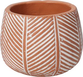 Kambarinis keraminis vazonas, terakoto sp., su baltais raštais, 13 x 13 x 10 cm.