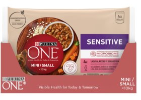 Konservuotas šunų ėdalas ONE MINI SENSITVE, su lašiša, ryžiais, morkomis, 4x85g