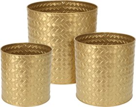 Metalinis lauko vazonas, su įspaustu raštu, auksinės sp., 17 x 17 x 17 cm.