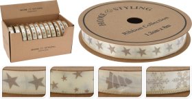Dovanų pakavimo juostelė, šampano sp., 4 skirtingi dizainai, 1,2 cm x 8 m