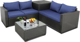Sodo baldų komplektas NOVELLY HOME Summer Patio YH-1098_2, kampinė sofa, spintelė, stalas, pilkas ratanas su tamsiai mėlynomis pagalvėmis