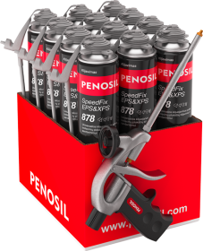 Klijuojančios putos PENOSIL Speedfix Eps&Xps 878, 750 ml x 12 vnt. + pistoletas putoms C1, universalios