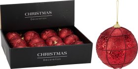 Eglutės žaisliukas, raudonos sp., su linijomis ir blizgučiais, skersmuo 10 cm