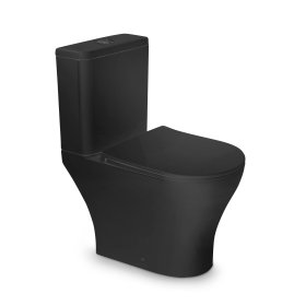 Klozetas VENTO HARSTAD RIMLESS, pastatomas, dvigubas nuleidimas 6/3L, horizontalus nubėgimas, įvadas apatinis, lėtai nusileidžantis dangtis, juodas matinis