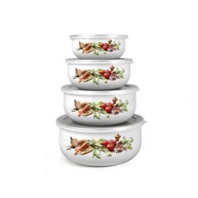 Emaliuoti dubenėliai BANQUET Belly, su plastikiniais dangteliais, 4 vnt.