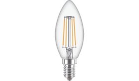 LED lempa PHILIPS, 4,3W (=40W), E14 B35 žvakė, 220-240V, 2700K, 470 lm, filamentinė, skaidri