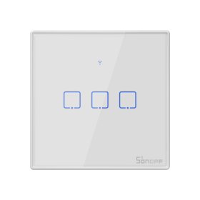 Išmanusis jungiklis SONOFF T2Eu3C-Rf, 3 kan., 2xCR2032 elementai (į kompl. neįeina), valdomas liečiamu mygtuku, programėle, Wi-Fi, baltos sp.