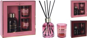 Namų kvapo ir žvakių rinkinys, 4 dalių: namų kvapas, lazdelės, 2 kvapnios žvakės, 2 kvapai: šilkinis bijūnas/alyvų žiedai