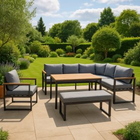 Lauko baldų komplektas NOVELLY HOME Garden HL-5S-24072, kampinė sofa, suolelis, fotelis, stalas, spl. pilka