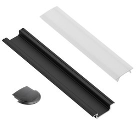 Profilis LED juostoms EUROLIGHT Al-R2-B, aliuminis, įfrezuojamas, juodos spalvos anoduotas, ilgis 2 m, komplekte matinis dangtelis ir 4 antgaliai