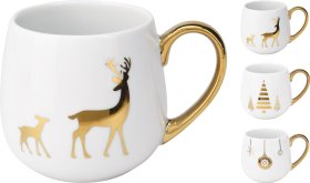 Puodelis, kaulinis porcelianas, apvalus, baltos sp. su paauksuota rankena, 3 skirtingi dizainai, 375 ml