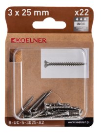 Medsraigčiai KOELNER, 3 x 25 mm, įleidžiama galva, nerūd. plieno A2, 22 vnt., PZ