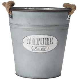 Metalinis lauko vazonas, kibiro formos, su pintomis rankenomis, pilkos sp., 27 x 26 x 26,2 cm.