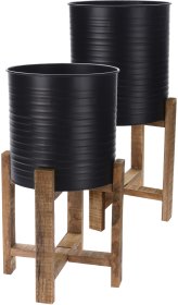 Kambarinių metalinių vazonų rinkinys su mediniu stovu, dviejų dydžių: 31,5 x 31,5 x 58 cm. ir 29 x 29 x 50 cm., juodos sp.