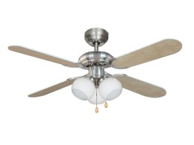 Pakabinamas šviestuvas su ventiliatoriumi G.LUX Gf-Petra, 3 x E14 60W, šilto/šalto oro srovės reg.,  1080x1080x410mm, matinio chromo sp., sparnai apverčiami baltos/ąžuolo sp.