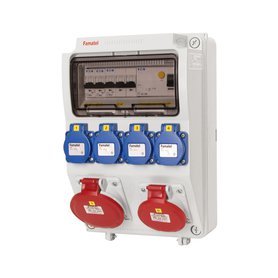 Automatinių išjungiklių skydelis FAMATEL 3958.5.4, 9 modulių + 4 kištukiniai lizdai + 2 trifaziai lizdai, 4X2P+TTL 16A ~250V, 2X3P+N+T 16A 380V, IP44, 330x215x155mm.