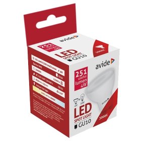 LED lempa AVIDE At-6722, 4W (=30W), GU10, WW, 3000K, 220-240V, 110°, Spot Alu+Plastic, 300 lm, 25.000 val.