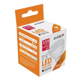 LED lempa AVIDE At-6746, 4W (=31W), GU10, NW, 4000K, 220-240V, 110°, Spot Alu+Plastic, 310 lm, 25.000 val.