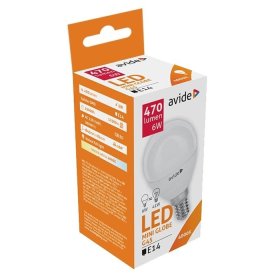 LED lempa AVIDE At-5206, 6W (=41W), E14 G45 burbuliukas, NW, 4000K, 220-240V, 470 lm, 25.000 val.