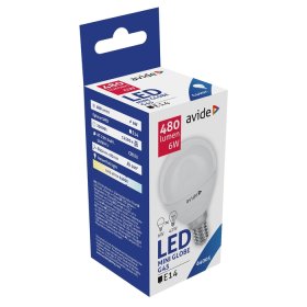 LED lempa AVIDE At-9006, 6W (=42W), E14 G45 burbuliukas, CW, 6400K, 220-240V, 470-480 lm, 25.000 val.