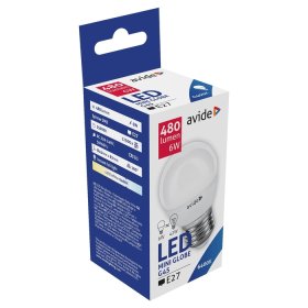 LED lempa AVIDE At-9020, 6W (=42W), E27 G45 burbuliukas, CW, 6400K, 220-240V, 470-480 lm, 25.000 val.