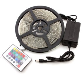 Šviesos diodų juostos komplektas COMMEL 405-205, LED 5 m, 14,4W / m, IP65, RGB, 12V, 50.000 val., SMD5050 60 LED / m, 24 mygtukų pultas, transformatorius iš 100-240V-12V