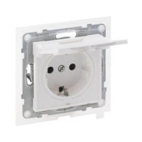 Kištukinis lizdas LEGRAND SUNO, įleidžiamas, su įžeminimu, su apsauga, automatiniai gnybtai, su dangteliu, IP44, 2P+Ž, baltos sp., 721123