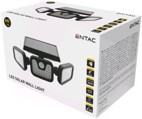 Lauko šviestuvas ENTAC En-3561, įkraunamas nuo saulės, 15W, 600lm, 6000K, 2000mAh, sieninis, su PIR davikliu 3-5m, IP65, juodos sp., 200x200x130mm