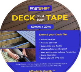 Lipni juosta terasų lagėms FASTSHIFTER, 50 mm pločio, 20 m, skirta medinėms ir metalinėms lagėms, butilas