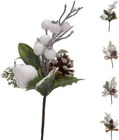 Kalėdinė dekoracija Šakelė, su kankorėžiu ir baltomis uogomis su sniegu, 25 cm, 4 dizainai