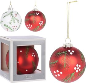 Eglutės žaisliukas, burbulo formos, su eglės šakelės aplikacija, stiklinis, 14 cm, 2 spalvos