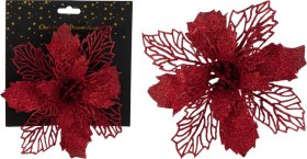 Kalėdinė dekoracija Gėlė, su segtuku, raudonos sp., su blizgučiais, 2 skirtingi dizainai, 16 cm