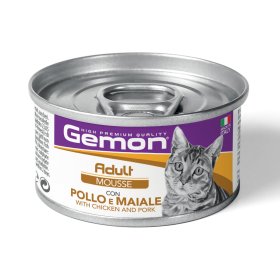 Konservuotas kačių ėdalas GEMON, suaugusioms katėms su vištiena ir kiauliena. 85 g