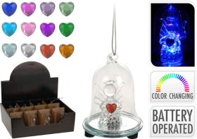 Stiklinis varpelis su LED, pakabinamas, su angelo figūrėle viduje, keičiantis spalvą, 8 x 6 cm