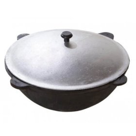 Uzbekiškas ketaus kazanas KAZAN MANGAL, išdegintas, šlifuotas,  su aliuminiu dangčiu, apvalus dugnas 12l