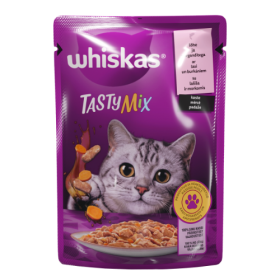 Konservuotas kačių ėdalas WHISKAS Tasty Mix, su lašiša ir morkomis, suaugusioms katėms, 85 g