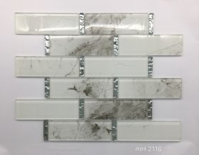 Stiklo mozaika MONA MOSAICS Td2116, 300 x 321 x 8 mm, 11 vnt./dėž., spl. balta/ baltas marmuras/ blizgus sidabras