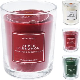 Kvapni žvakė, stikliniame indelyje, su medine dagtimi, įvairių kvapų, aukštis 12 cm