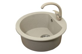 Plautuvės komplektas ODUS Od-301, D-51 cm, akmens masės, smėlio spalvos, komplekte maišytuvas, ventilis, Lenkija