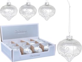 Eglutės žaisliukas, svogūno formos, dekoruotas sidabro sp. blizgučiais, stiklinis, 8 cm, sidabro sp., 3 dizainai