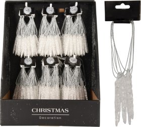 Eglutės žaisliukas Varveklis, baltos sp. su blizgučiu, 6 vnt., 6 cm