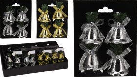 Kalėdinė dekoracija Varpelis, 4 vnt., pakabinama, skirtingų sp., 3,8 x 3,8 x 4 cm