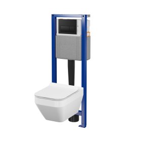 Klozeto komplektas CERSANIT Crea, pakabinamas, unitazas be nuplovimo lanko, dangtis, rėmas, mygtukas juodos matinės spl., SZWZ1009896282, ST