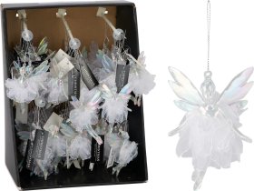 Eglutės žaisliukas Angelas, su suknele ir sparnais, skaidrus, su perlamutriniu atspalviu, akrilinis, 12 x 8 x 3,5 cm