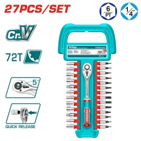 Galvučių rinkinys su terkšle TOTAL, Cr-V (50BV30), 1/4", 27 vnt., THT141271