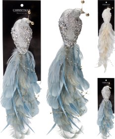 Kalėdinė dekoracija Povas, su segtuku, su plunksnomis, 2 spalvų (balta, pilka), 38 x 5,5 x 6 cm