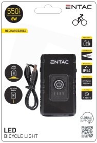 LED žibintuvėlis ENTAC En-8283, 8W, 550 lm, IP54, atstumas 120 m, dviračiui, pakraunamas nuo USB, 1250 mAh (įmontuotas), kompl. yra krovimo laidas